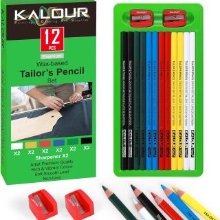 12 PCS Tailors Pencil Set, Sewing Fabric Pencils and Fabric Marker Pens for Quilting, Sewing, Dressmaking Supplies, Water-Soluble, 6 Colors, Includes 2 Sharpeners