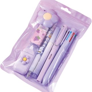 7 Pcs Cute Purple Stationery Set Kawaii School Supplies Office Supplies Including Ballpoint Pens Pencil Sharpener Highlighter Correction Tape Ruler Utility Knife (Purple)
