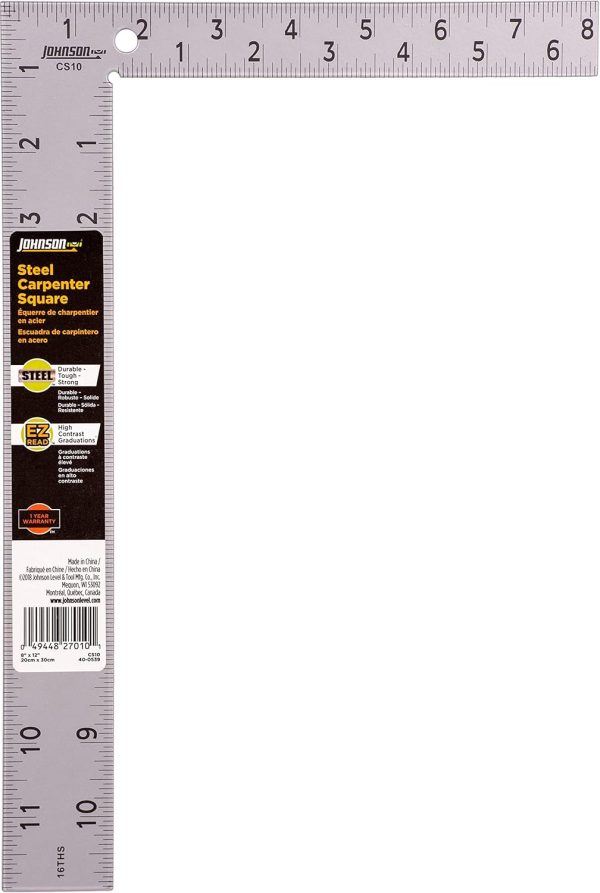 Johnson Level & Tool CS10 Professional Easy-Read Steel Carpenter Square, 8" x 12", Silver, 1 Square - Image 2